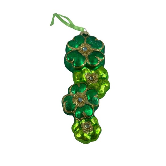 Green Shamrock Clover Hanging Ornament With Glitter Accents & Ribbon Hanger - Picture 1 of 8